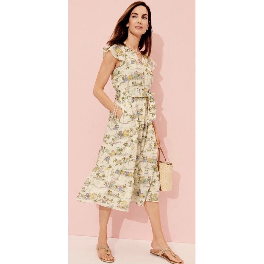 Talbots White Dress 8 NEW cap sleeve belted beach Curacao print cotton lined